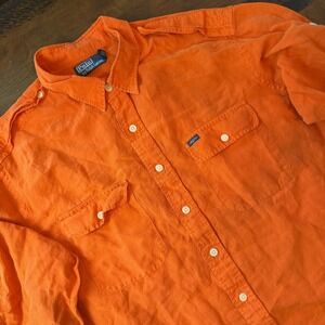 Polo Ralph Lauren Shirt Mens 2XL Orange Double Pocket Button Front Safari LInen